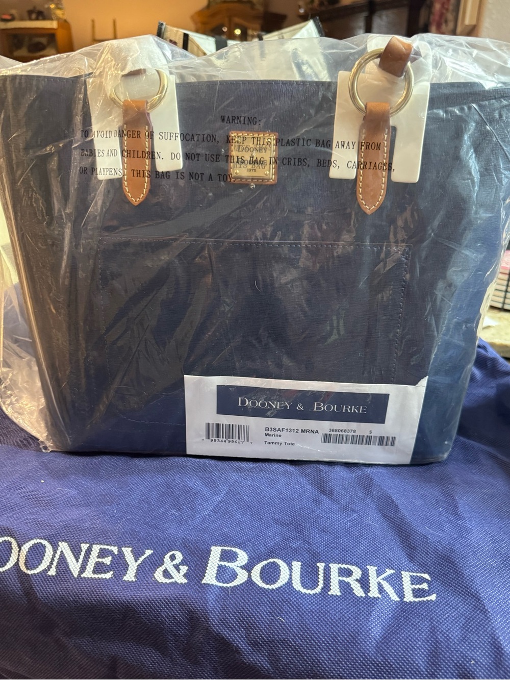 Dooney & Bourke Navy Tammy Tote with Brown Leather Handles